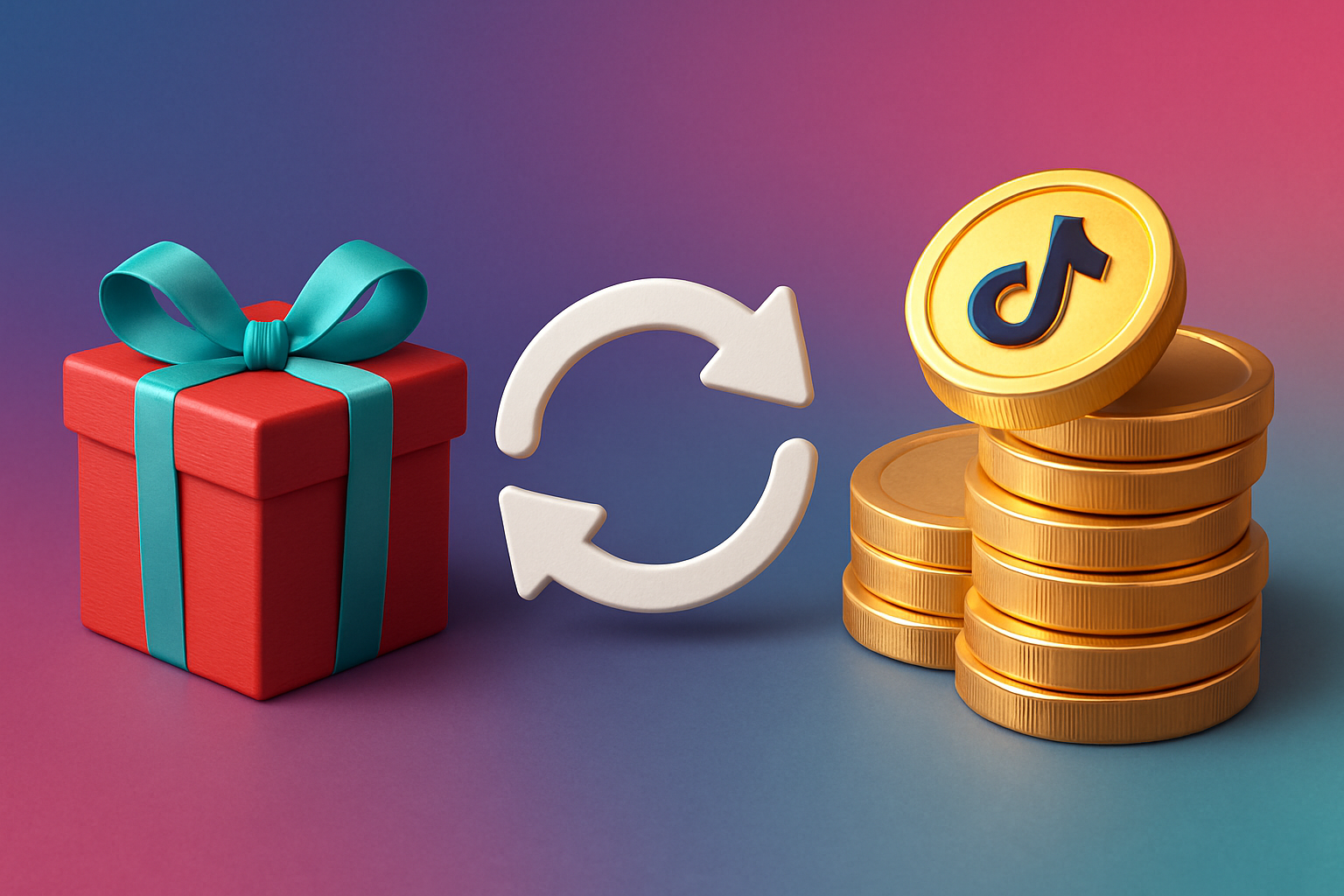 TikTok Gift to Coin Exchange: Image of a gift box transforming into a pile of coins, representing the process of converting TikTok gifts to coins